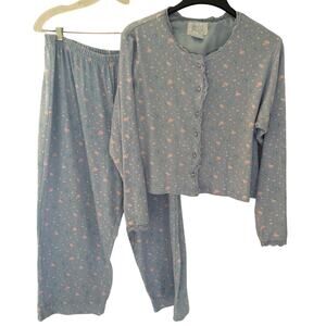 Ashley Taylor Blue Floral Print Vintage Pajama Set Top Bottoms XL Lace Trim
